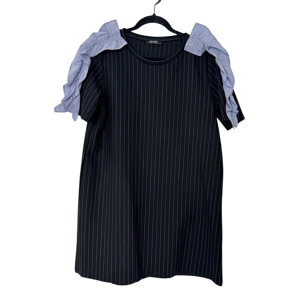 ZARA Trafaluc Pinstripe Chambray Ruffle Sleeve Dress Tunic Sz L  Preppy Academia